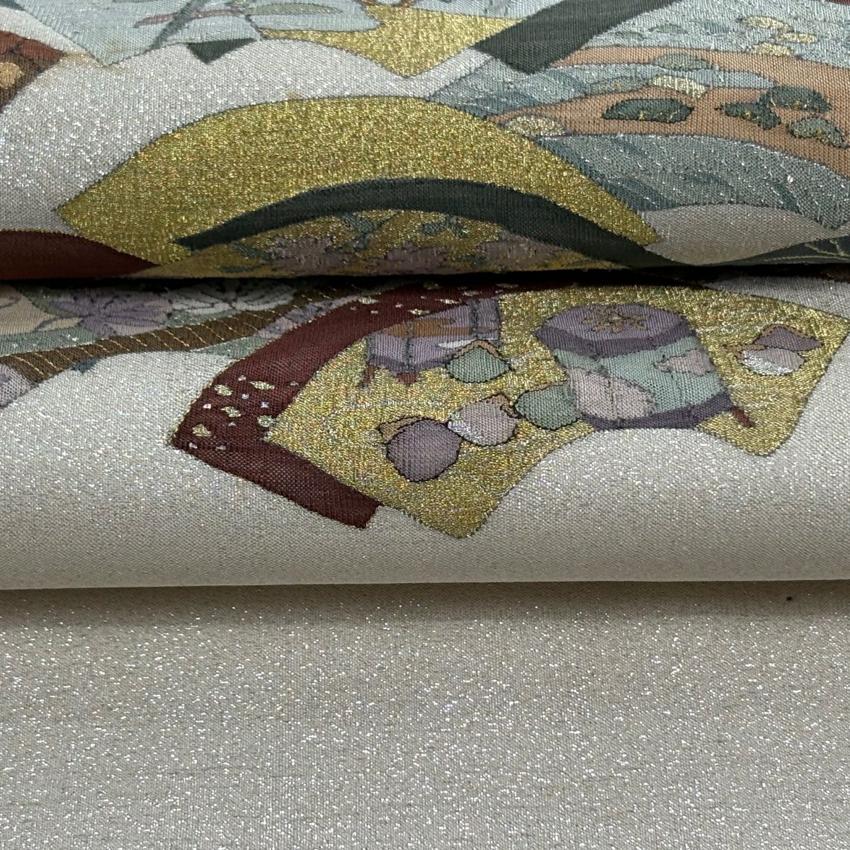 袋帶 逸品級 扇子面 松樹竹子梅花 金絲 金金箔 奶油色 大鼓圖案 純蠶絲