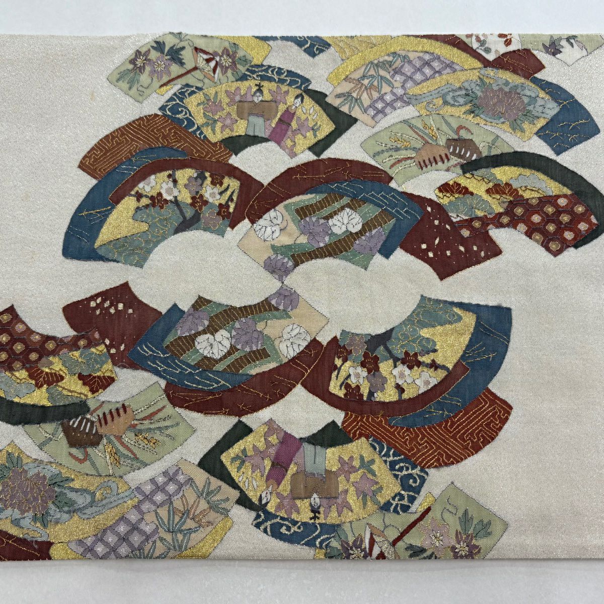 袋帶 逸品級 扇子面 松樹竹子梅花 金絲 金金箔 奶油色 大鼓圖案 純蠶絲