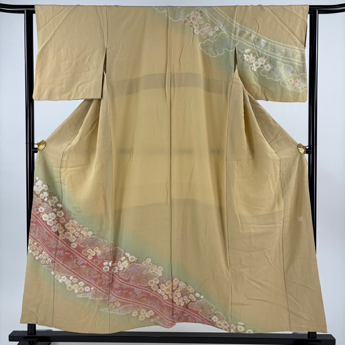 訪問服 身長153cm 袖長62cm S 雙層 滝泰 落款あり 菊花 蝶 金銀彩 絞染 淡黃土 純蠶絲 秀品級