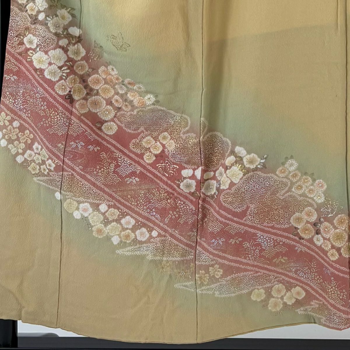 訪問服 身長153cm 袖長62cm S 雙層 滝泰 落款あり 菊花 蝶 金銀彩 絞染 淡黃土 純蠶絲 秀品級