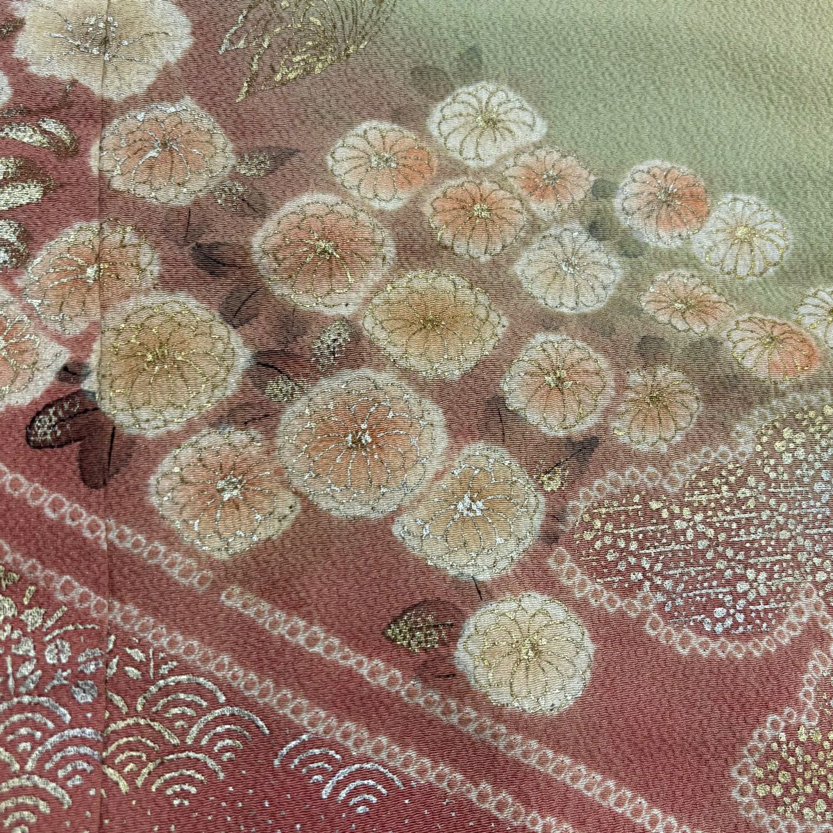 訪問服 身長153cm 袖長62cm S 雙層 滝泰 落款あり 菊花 蝶 金銀彩 絞染 淡黃土 純蠶絲 秀品級