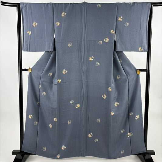 小紋 身長160.5cm 袖長68cm L 雙層 花丸紋 青灰 純蠶絲 秀品級