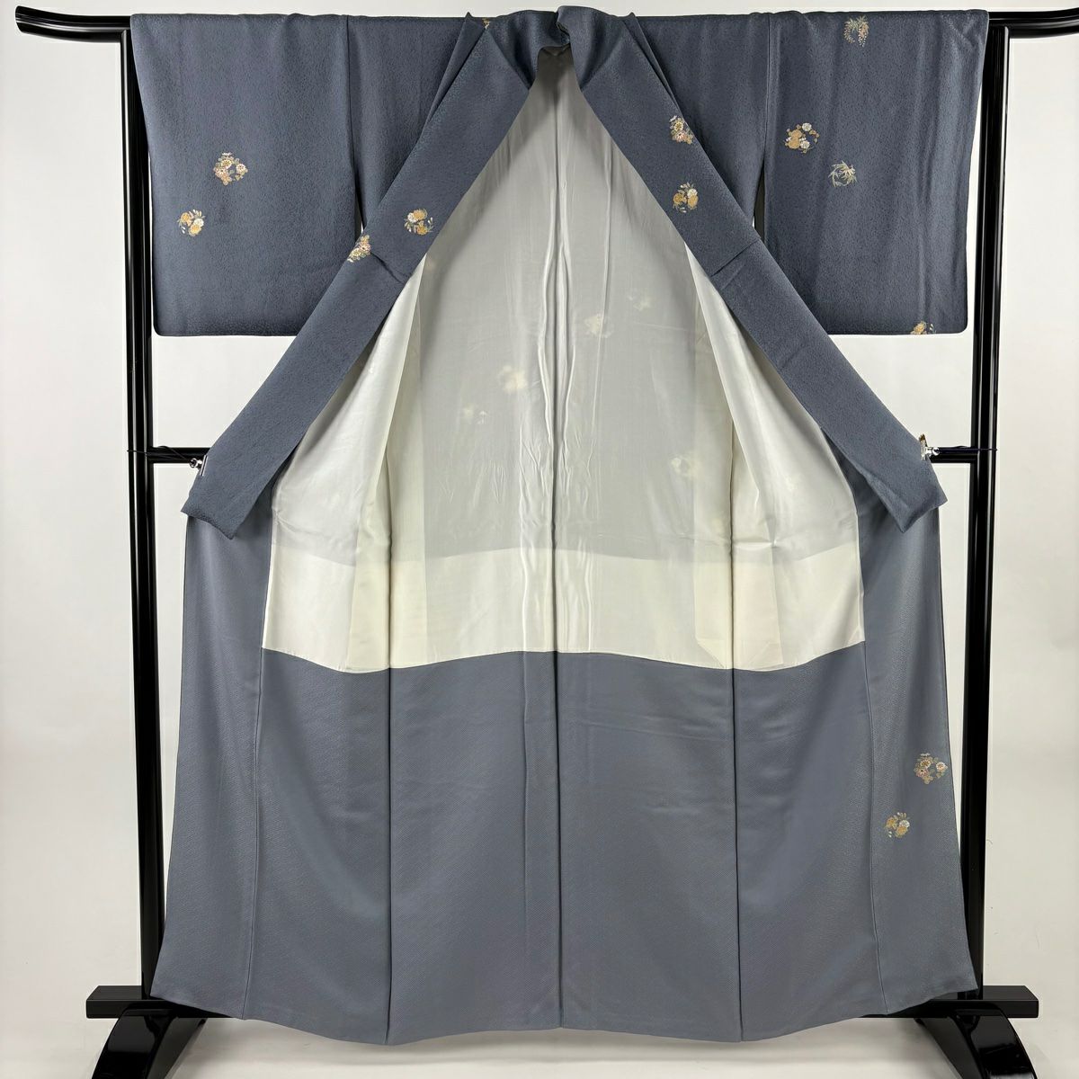 小紋 身長160.5cm 袖長68cm L 雙層 花丸紋 青灰 純蠶絲 秀品級