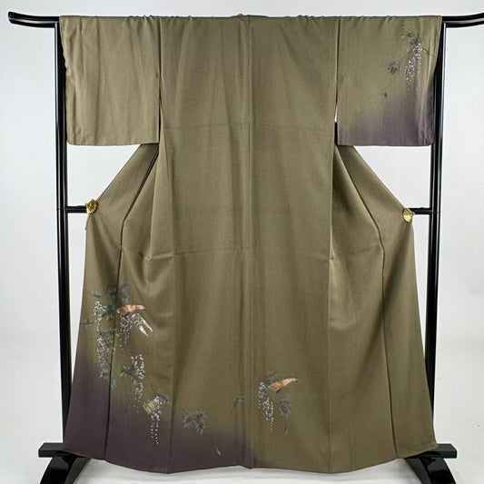 【美品】 付下 身長162.5cm 袖長67cm M 雙層 和樂器 藤 金銀彩 漸層 茶綠 純蠶絲 優品級