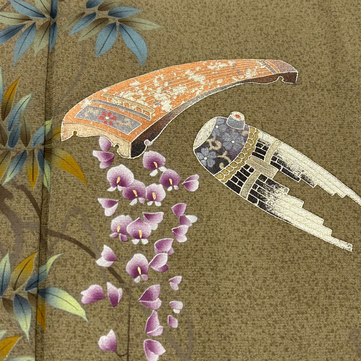 【美品】 付下 身長162.5cm 袖長67cm M 雙層 和樂器 藤 金銀彩 漸層 茶綠 純蠶絲 優品級
