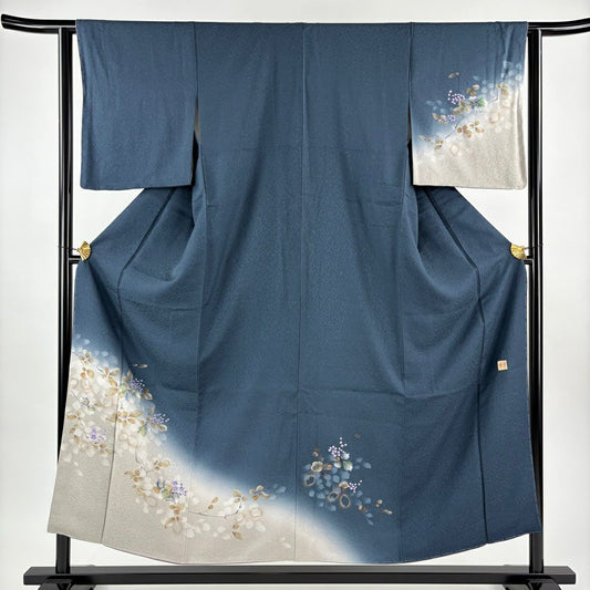 【美品】 付下 身長153cm 袖長62.5cm S 雙層 大和 落款 草花紋 金銀彩 漸層 深藍 純蠶絲 優品級