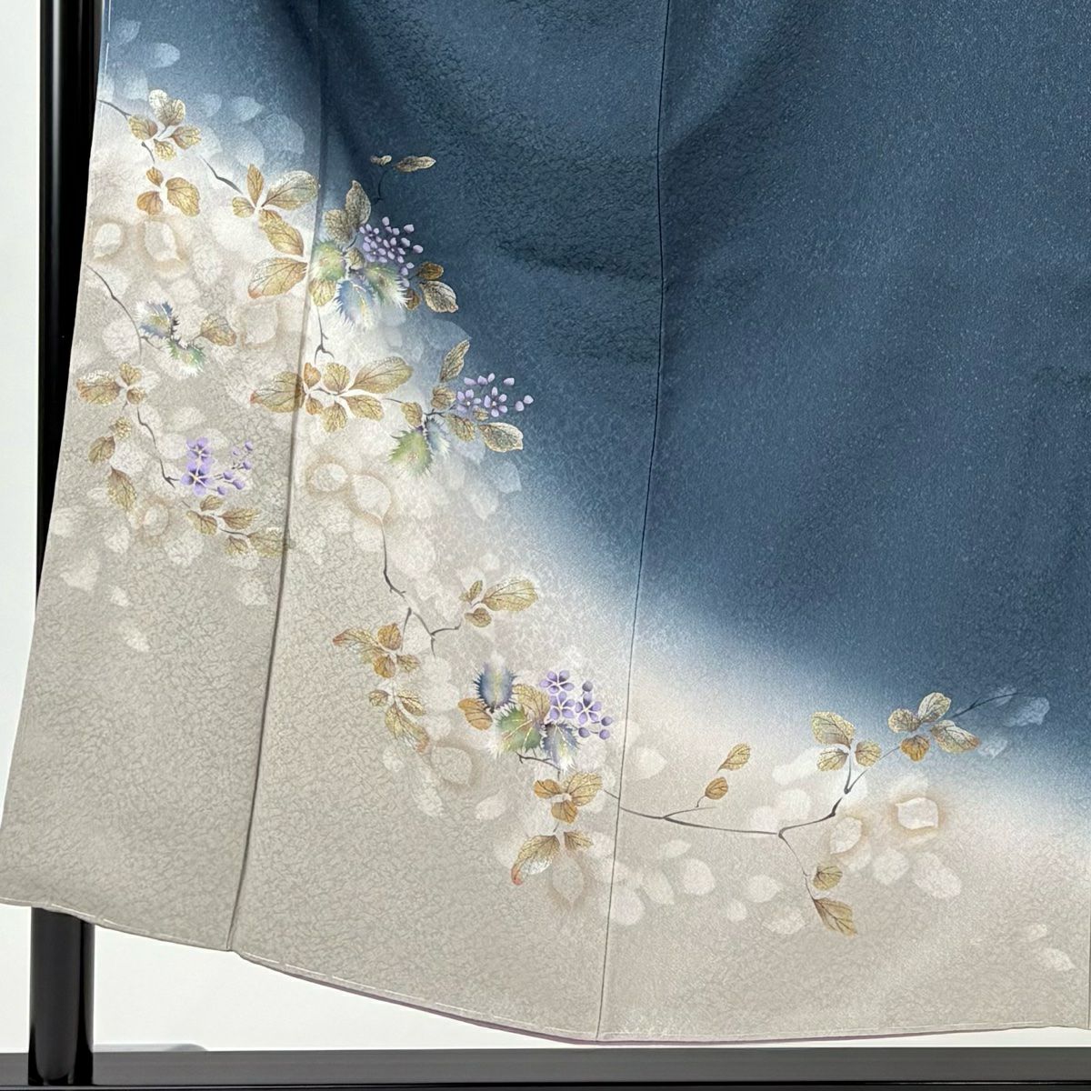 【美品】 付下 身長153cm 袖長62.5cm S 雙層 大和 落款 草花紋 金銀彩 漸層 深藍 純蠶絲 優品級