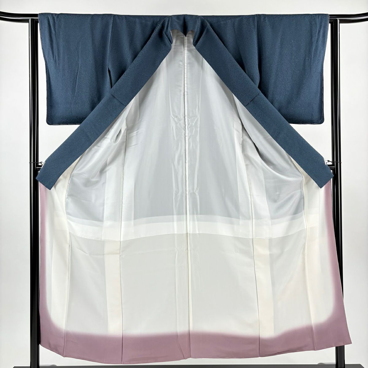 【美品】 付下 身長153cm 袖長62.5cm S 雙層 大和 落款 草花紋 金銀彩 漸層 深藍 純蠶絲 優品級
