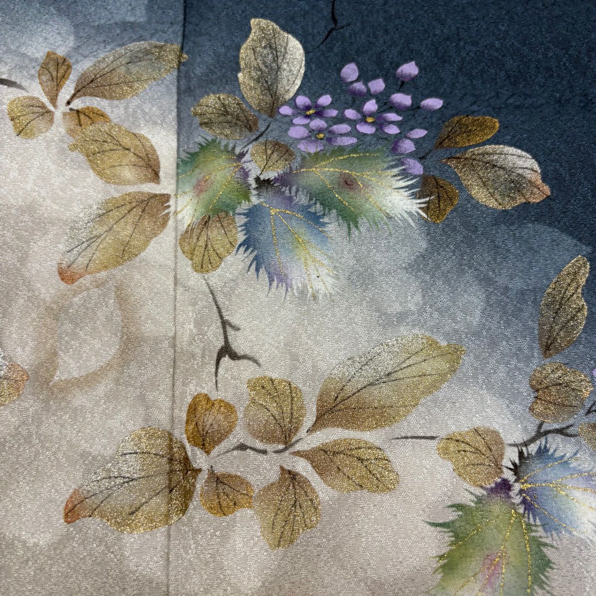 【美品】 付下 身長153cm 袖長62.5cm S 雙層 大和 落款 草花紋 金銀彩 漸層 深藍 純蠶絲 優品級