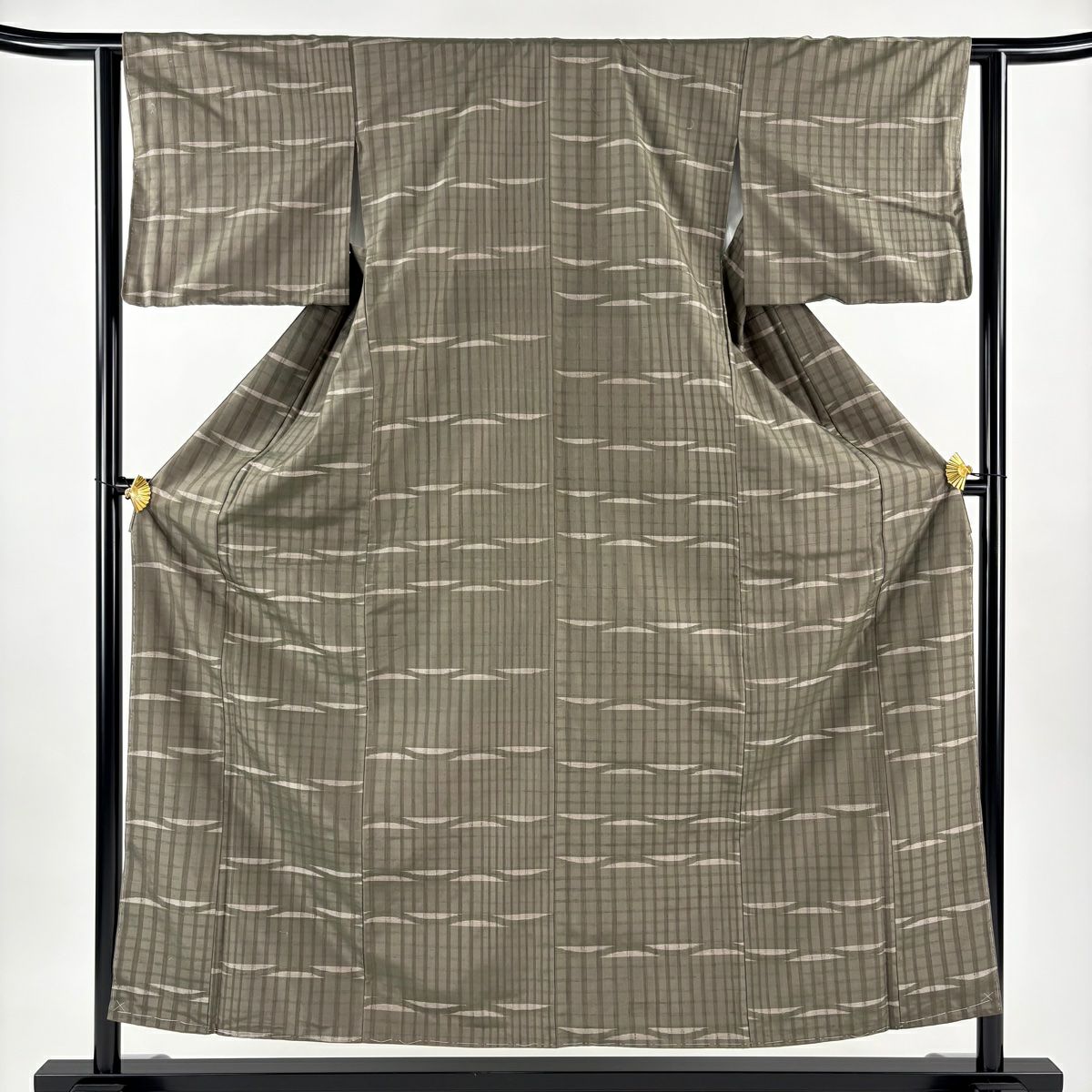 【美品】 紬織 身長155.5cm 袖長62cm S 雙層 縱條 幾何圖案 茶綠 純蠶絲 秀品級