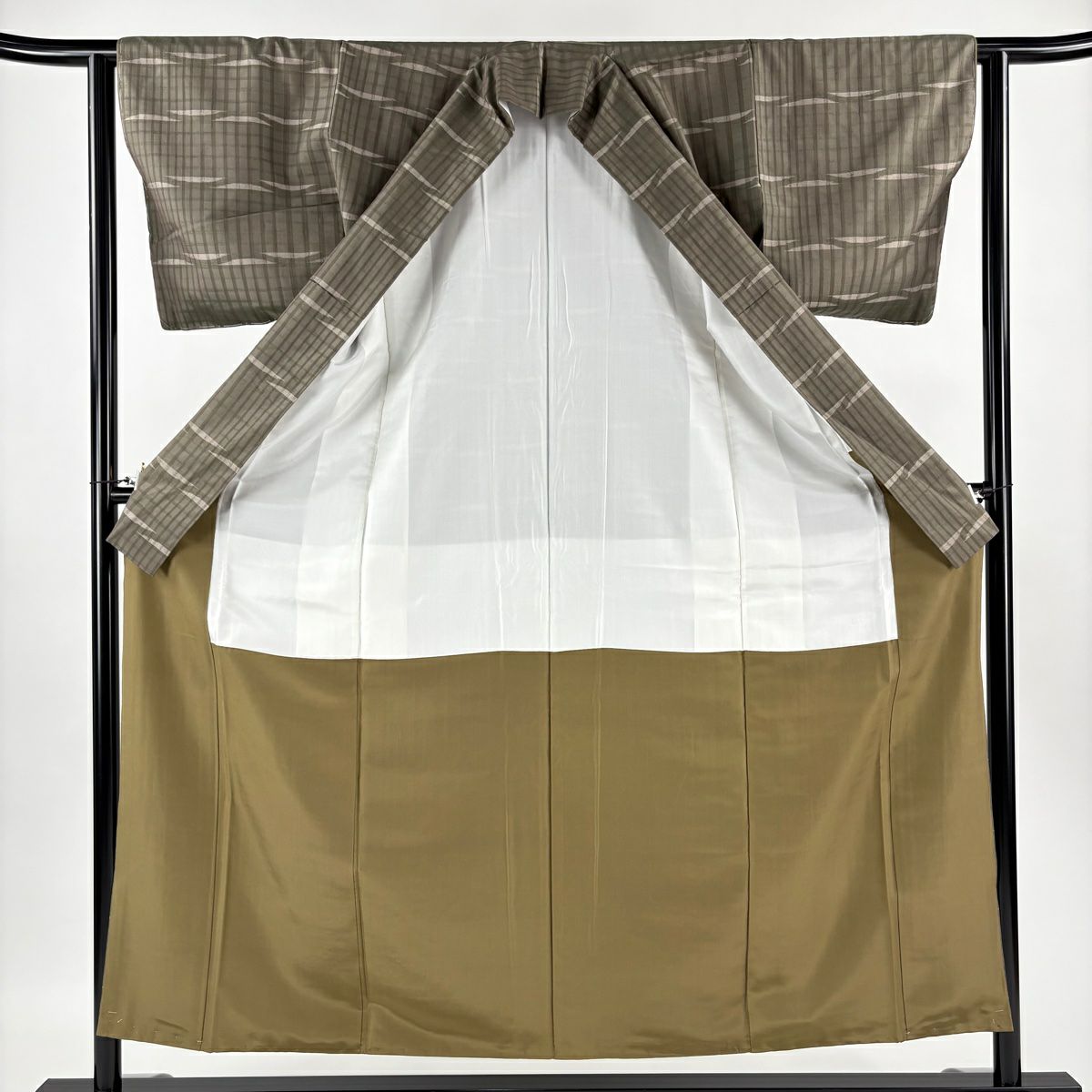 【美品】 紬織 身長155.5cm 袖長62cm S 雙層 縱條 幾何圖案 茶綠 純蠶絲 秀品級