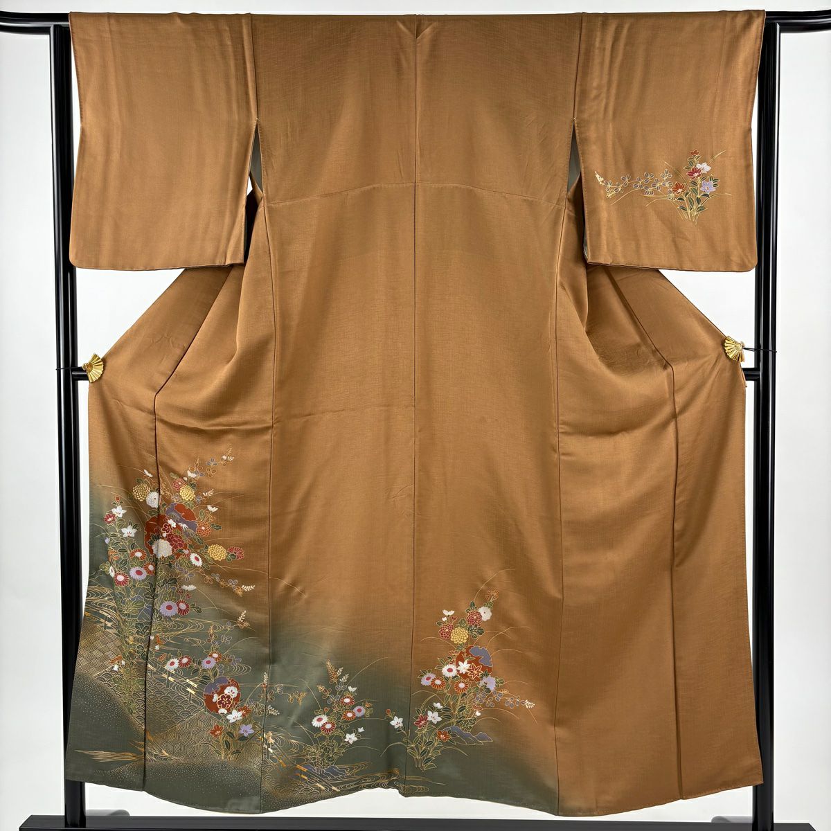 訪問服 身長152.5cm 袖長63cm S 雙層 雪輪 草花紋紋 金彩裝飾 漸層 茶 純蠶絲 優品級