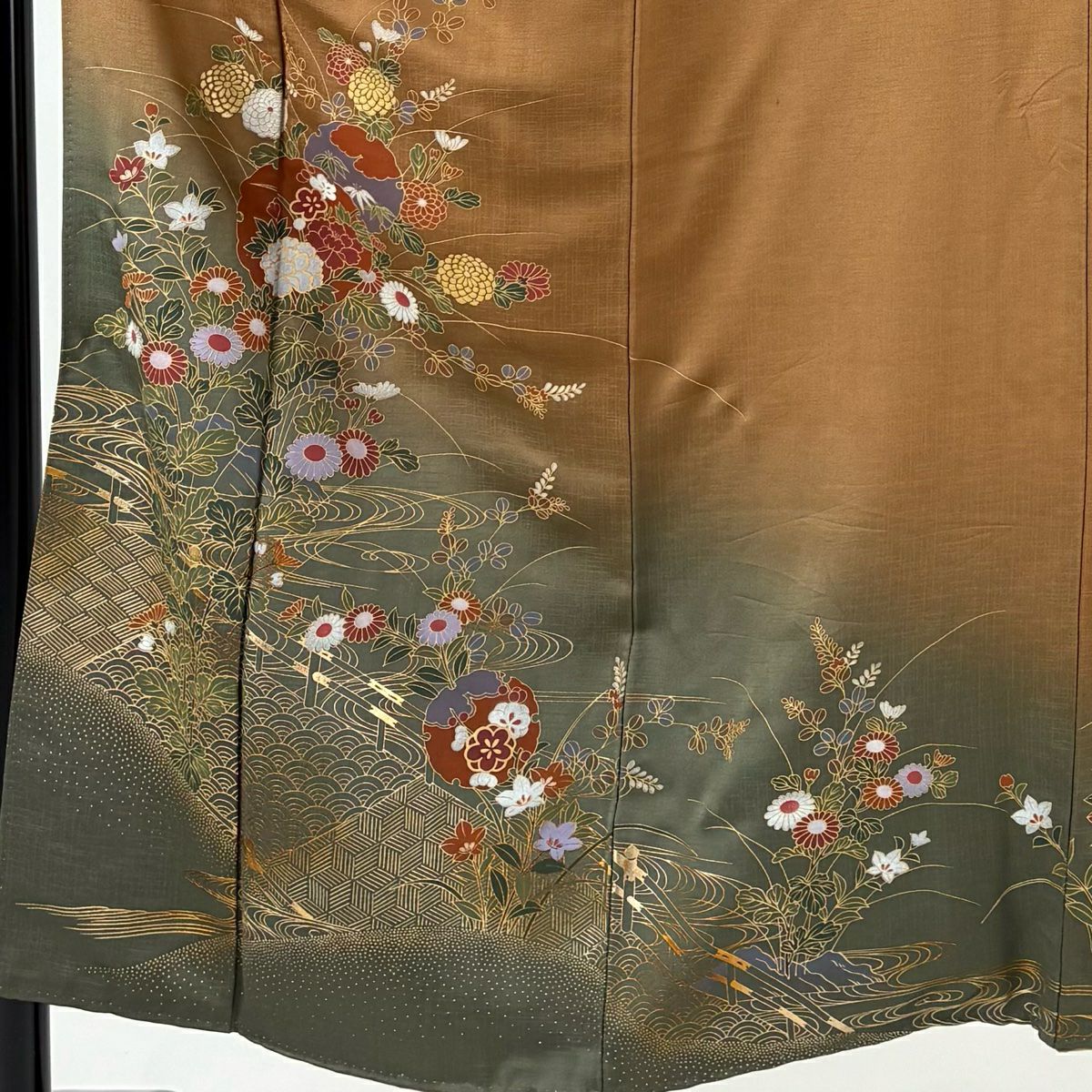 訪問服 身長152.5cm 袖長63cm S 雙層 雪輪 草花紋紋 金彩裝飾 漸層 茶 純蠶絲 優品級
