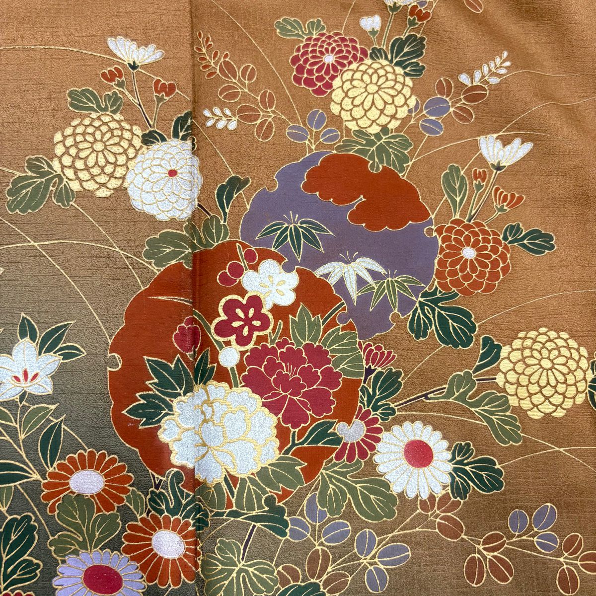 訪問服 身長152.5cm 袖長63cm S 雙層 雪輪 草花紋紋 金彩裝飾 漸層 茶 純蠶絲 優品級