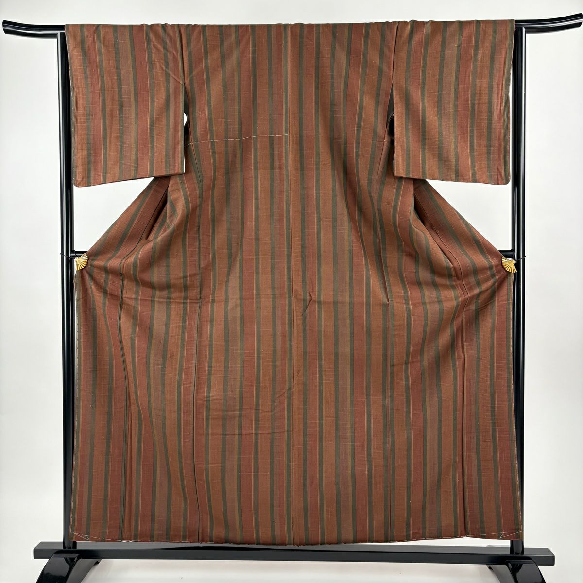 【美品】 紬織 身長160.5cm 袖長64.5cm M 雙層 縞 紅茶 純蠶絲 優品級
