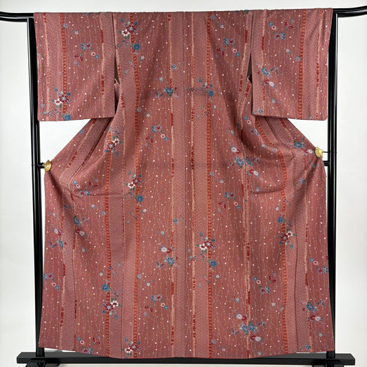 【美品】 小紋 身長159.5cm 袖長64.5cm M 雙層 菊花 蝶 小豆 純蠶絲 優品級