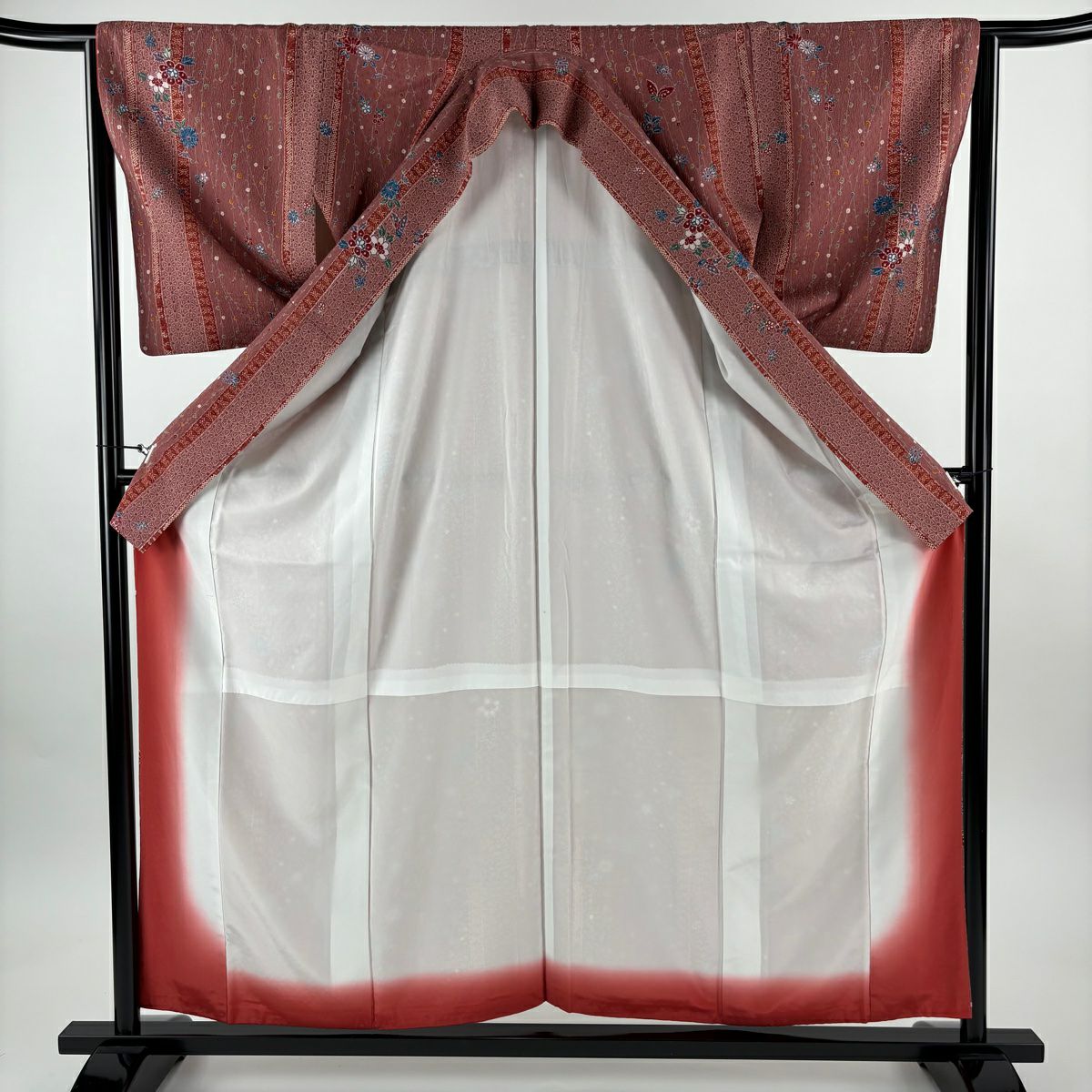 【美品】 小紋 身長159.5cm 袖長64.5cm M 雙層 菊花 蝶 小豆 純蠶絲 優品級