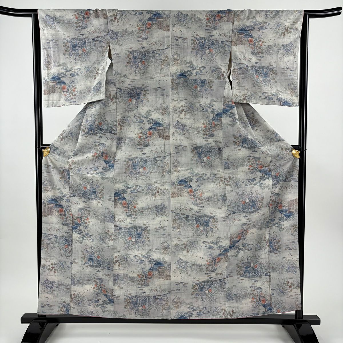 【美品】 紬織 身長159.5cm 袖長64.5cm M 雙層 小千紬織 草花紋紋 家屋 灰紫 純蠶絲 優品級