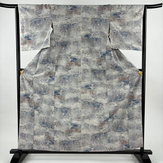 【美品】 紬織 身長159.5cm 袖長64.5cm M 雙層 小千紬織 草花紋紋 家屋 灰紫 純蠶絲 優品級