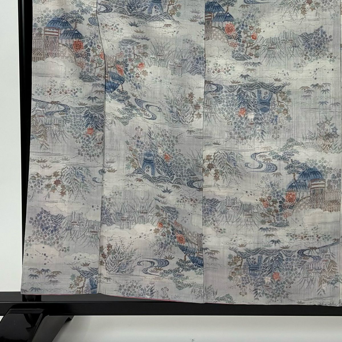 【美品】 紬織 身長159.5cm 袖長64.5cm M 雙層 小千紬織 草花紋紋 家屋 灰紫 純蠶絲 優品級