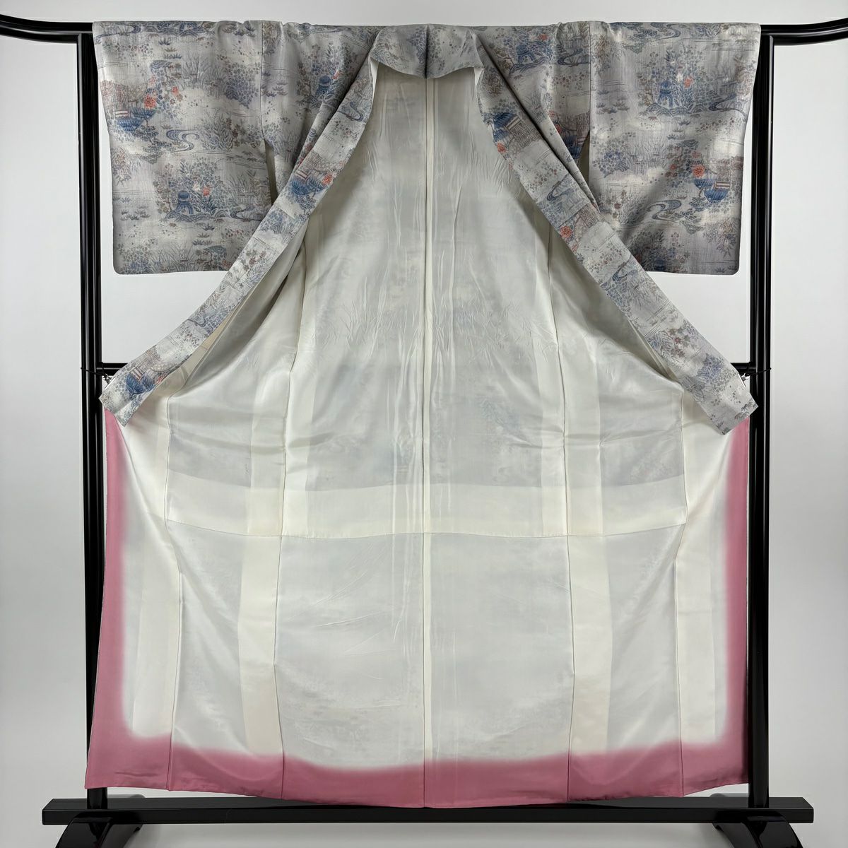 【美品】 紬織 身長159.5cm 袖長64.5cm M 雙層 小千紬織 草花紋紋 家屋 灰紫 純蠶絲 優品級