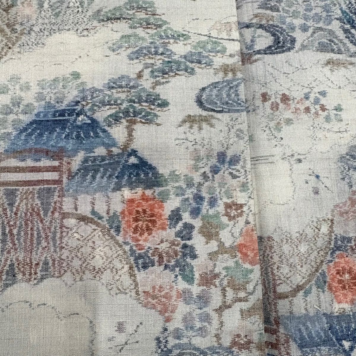 【美品】 紬織 身長159.5cm 袖長64.5cm M 雙層 小千紬織 草花紋紋 家屋 灰紫 純蠶絲 優品級