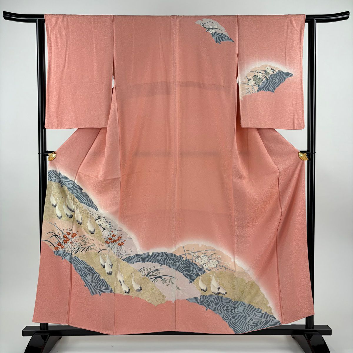訪問服 身長158.5cm 袖長62cm S 雙層 鳥 秋草 金彩裝飾 粉紅 純蠶絲 優品級