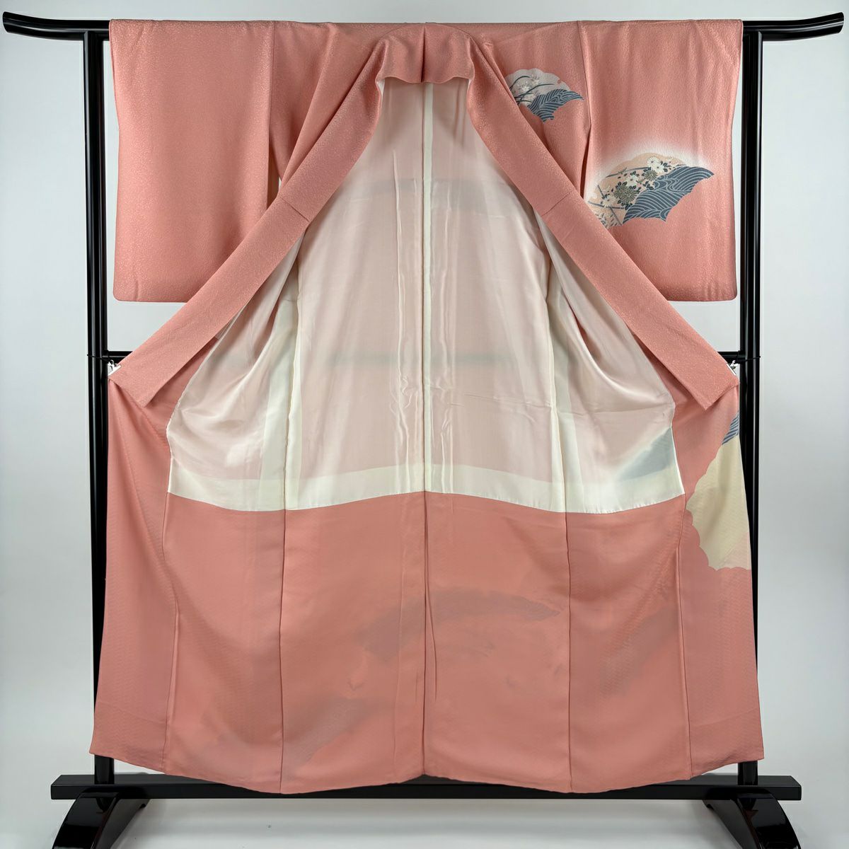 訪問服 身長158.5cm 袖長62cm S 雙層 鳥 秋草 金彩裝飾 粉紅 純蠶絲 優品級