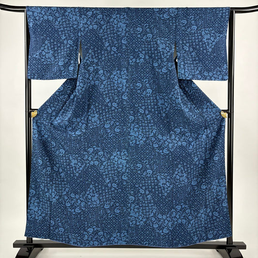 【美品】 小紋 身長158.5cm 袖長63.5cm S 雙層 草花紋 深藍 純蠶絲 優品級