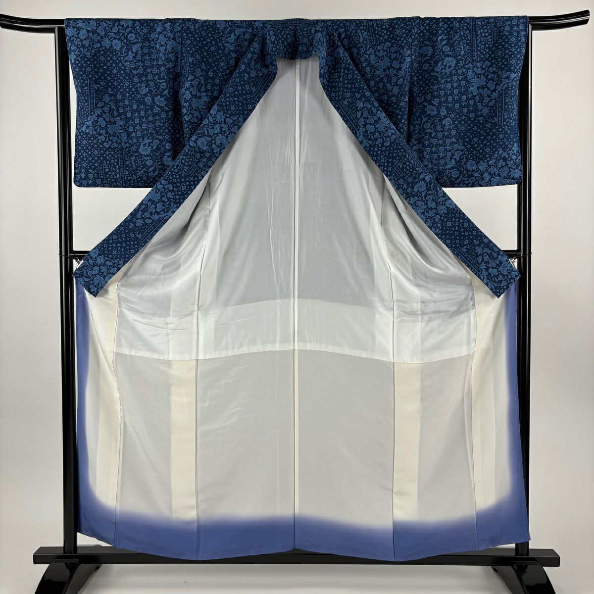 【美品】 小紋 身長158.5cm 袖長63.5cm S 雙層 草花紋 深藍 純蠶絲 優品級