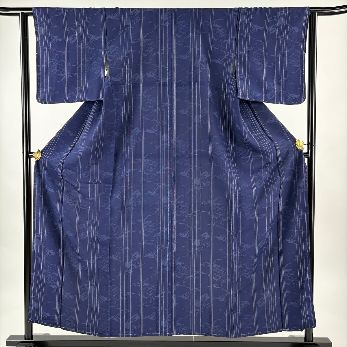 小紋 身長156cm 袖長62cm S 雙層 縱條紋 波 金金箔 深藍 純蠶絲 優品級