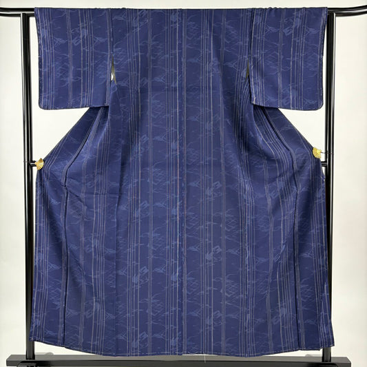 小紋 身長156cm 袖長62cm S 雙層 縱條紋 波 金金箔 深藍 純蠶絲 優品級