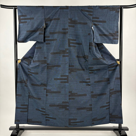 【美品】 大島紬織 身長159cm 袖長62.5cm S 雙層 證書附帶 ヱ霞 深藍 純蠶絲 優品級