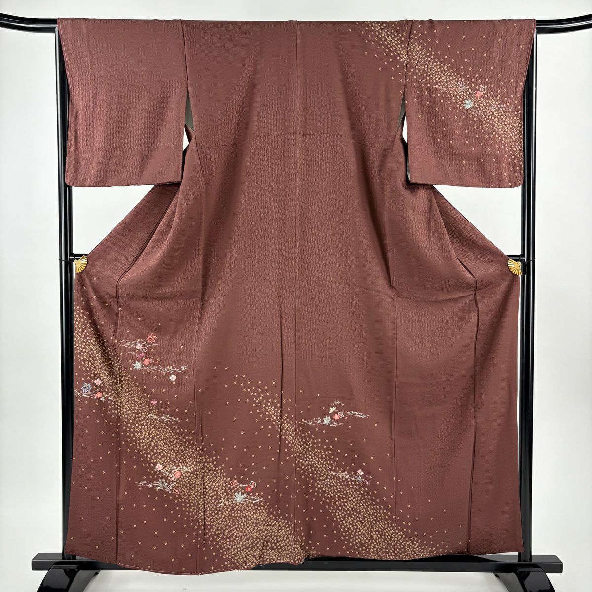 訪問服 身長160.5cm 袖長66cm M 雙層 吹寄地紋 刺繡 小豆色 純蠶絲 優品級