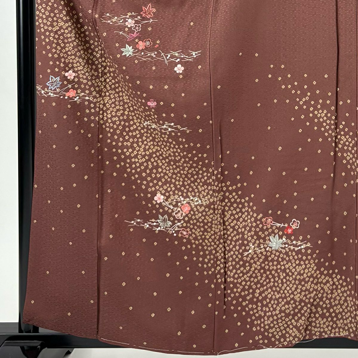 訪問服 身長160.5cm 袖長66cm M 雙層 吹寄地紋 刺繡 小豆色 純蠶絲 優品級