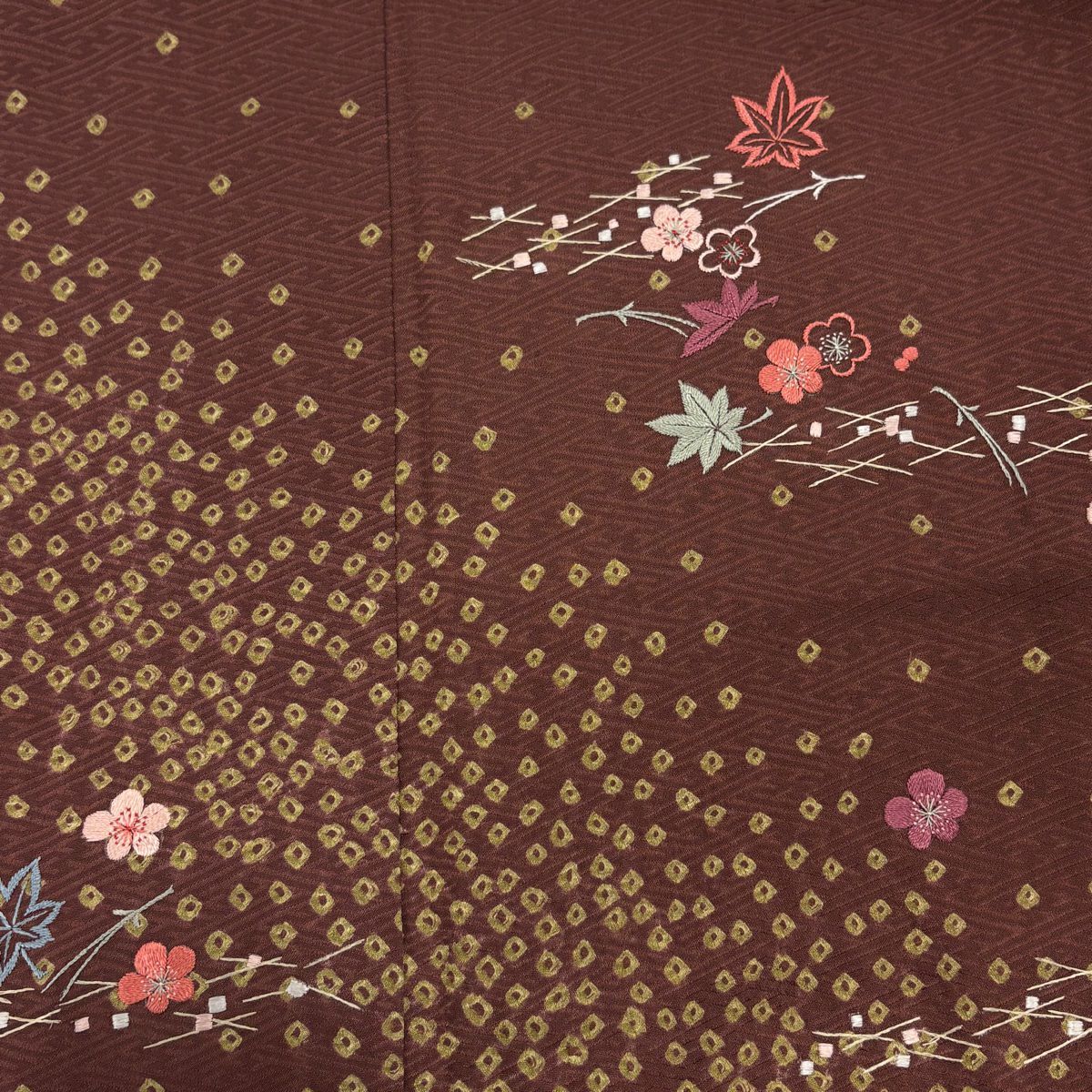 訪問服 身長160.5cm 袖長66cm M 雙層 吹寄地紋 刺繡 小豆色 純蠶絲 優品級