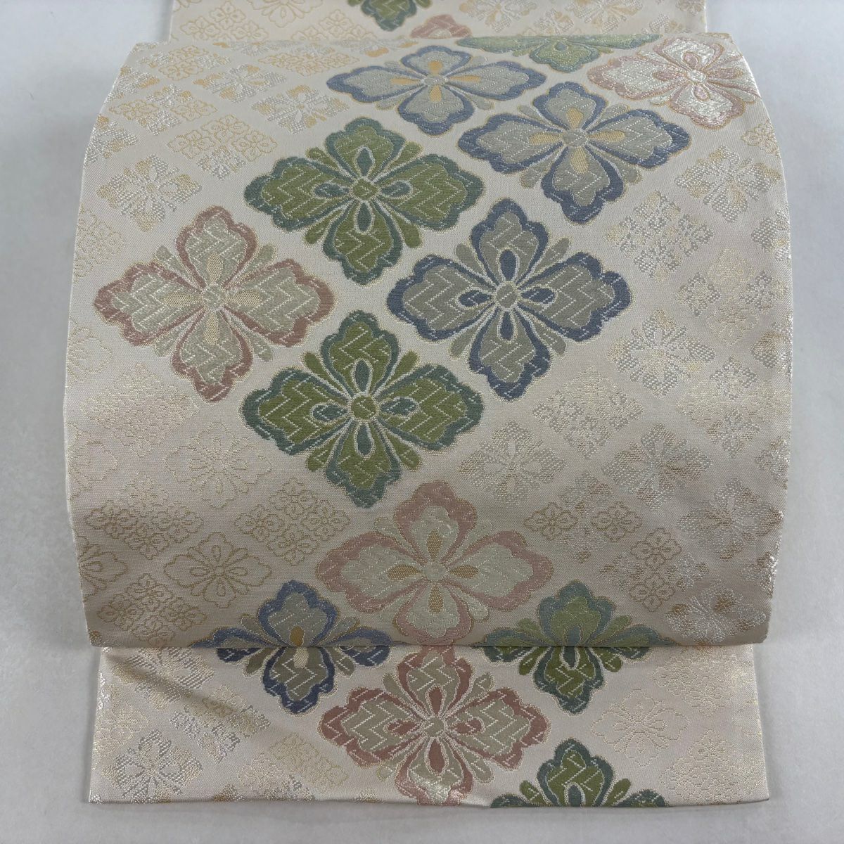 【美品】 袋帶 逸品級 落款 花菱 唐織 金金箔 奶油色 全通 純蠶絲
