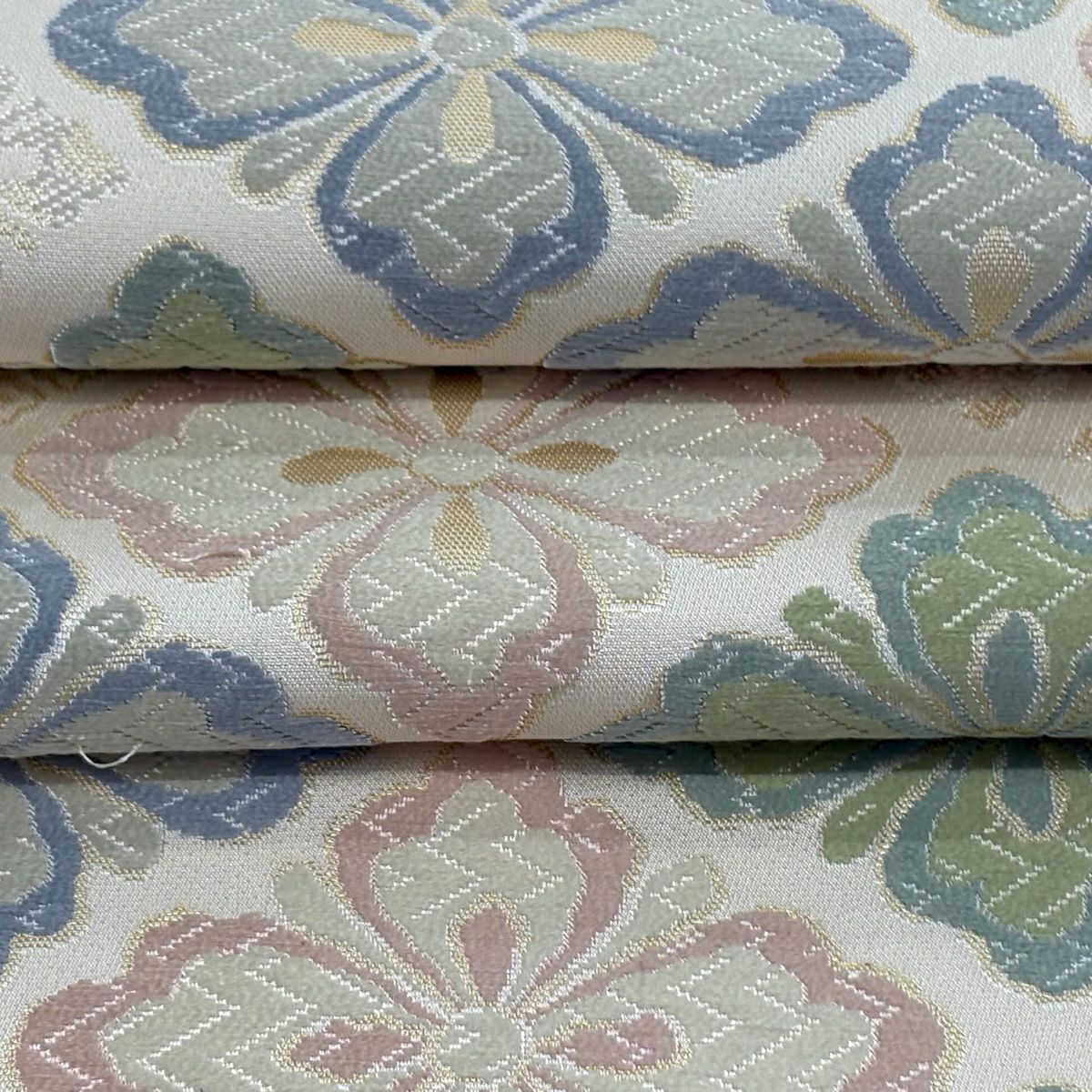 【美品】 袋帶 逸品級 落款 花菱 唐織 金金箔 奶油色 全通 純蠶絲