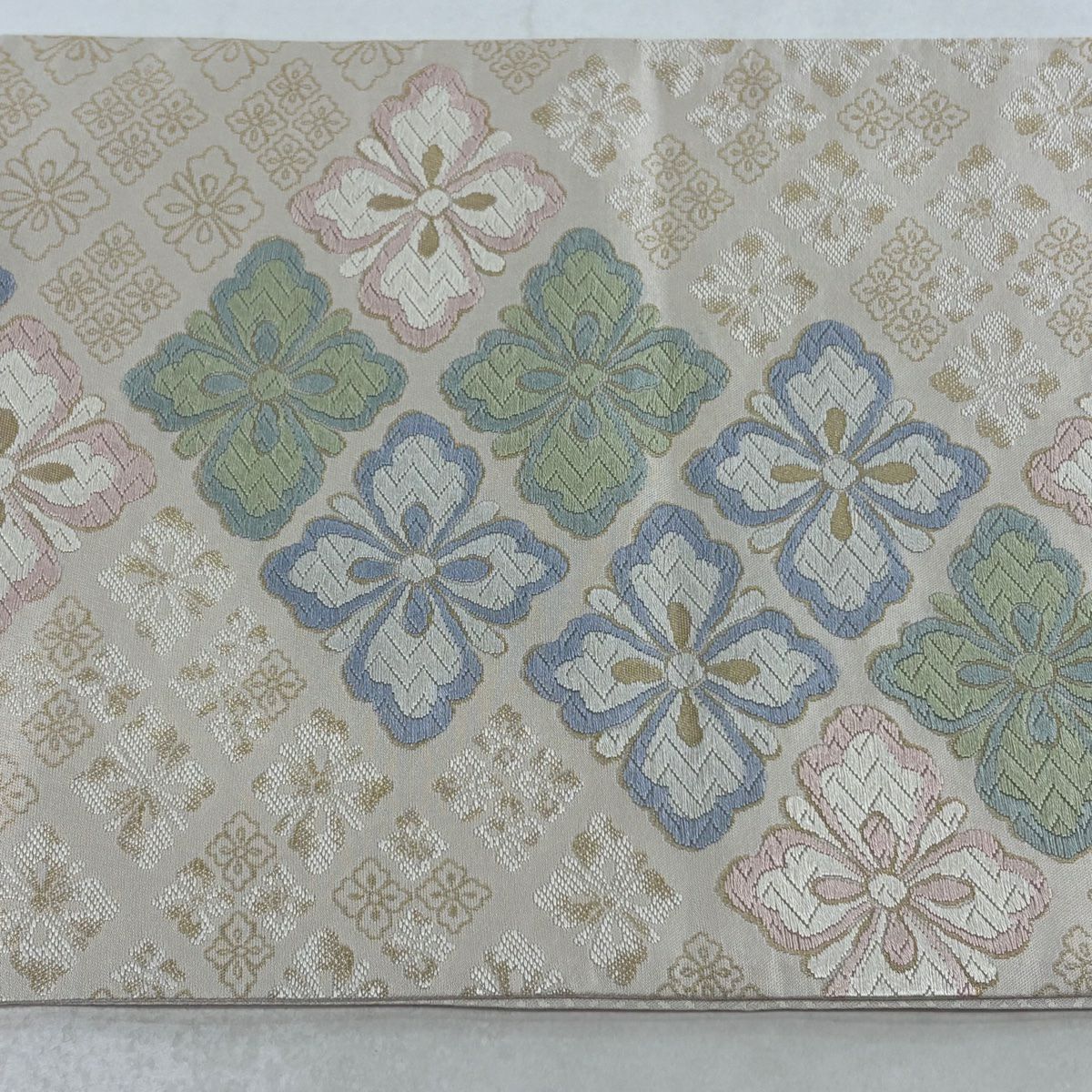 【美品】 袋帶 逸品級 落款 花菱 唐織 金金箔 奶油色 全通 純蠶絲