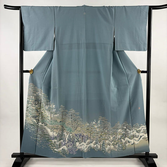 色留袖禮服 身長158cm 袖長65cm M 雙層 落款あり 建物 松樹梅花 漸層 青灰 純蠶絲 秀品級 一つ紋