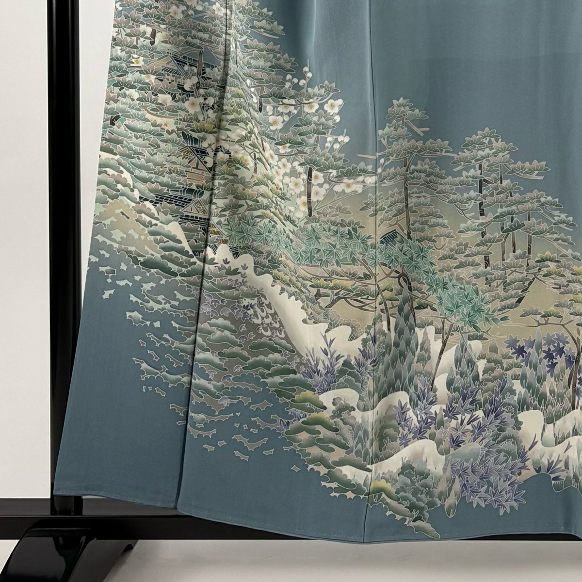色留袖禮服 身長158cm 袖長65cm M 雙層 落款あり 建物 松樹梅花 漸層 青灰 純蠶絲 秀品級 一つ紋