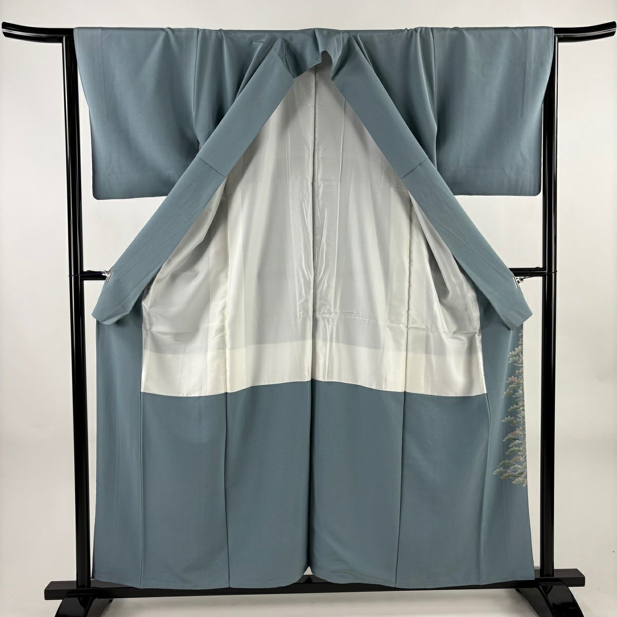 色留袖禮服 身長158cm 袖長65cm M 雙層 落款あり 建物 松樹梅花 漸層 青灰 純蠶絲 秀品級 一つ紋