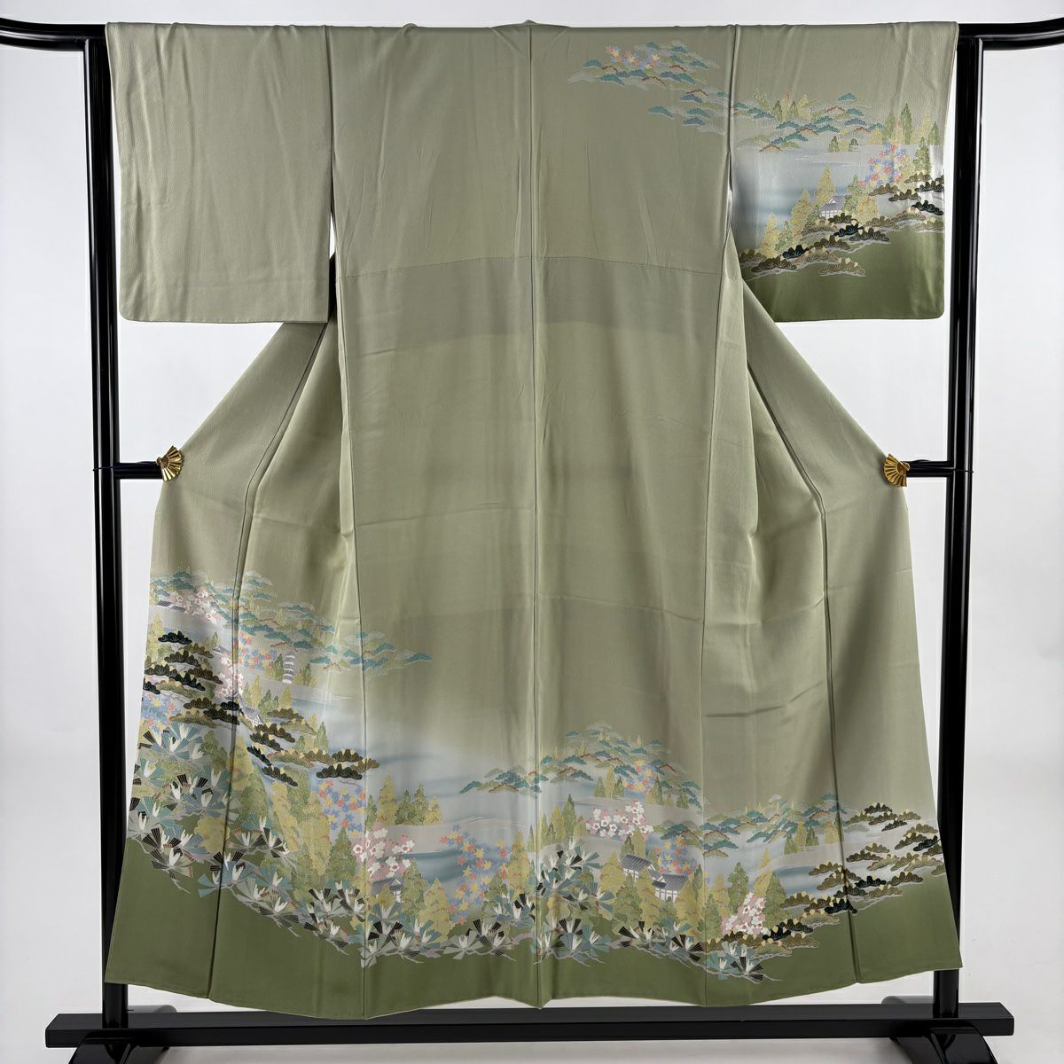 訪問服 身長153cm 袖長62.5cm S 雙層 松樹梅花 建物 漸層 灰綠 純蠶絲 優品級