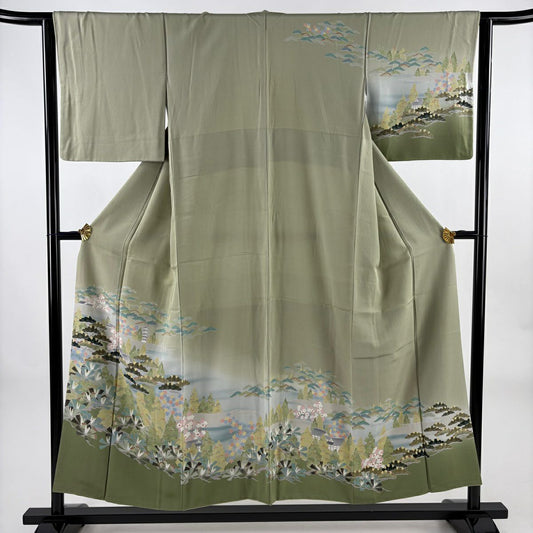 訪問服 身長153cm 袖長62.5cm S 雙層 松樹梅花 建物 漸層 灰綠 純蠶絲 優品級