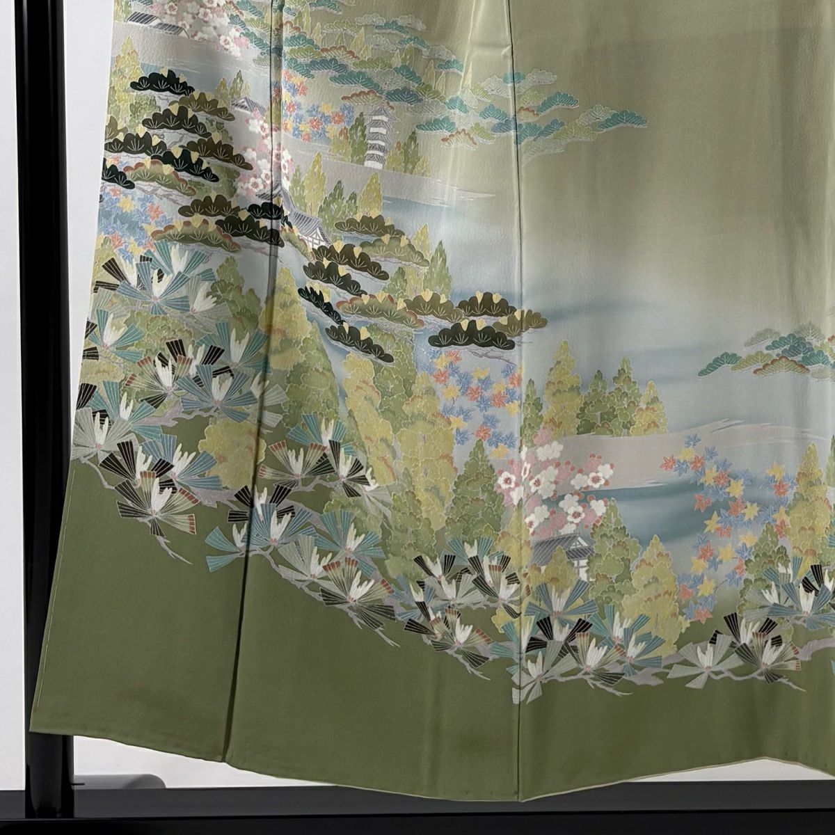 訪問服 身長153cm 袖長62.5cm S 雙層 松樹梅花 建物 漸層 灰綠 純蠶絲 優品級