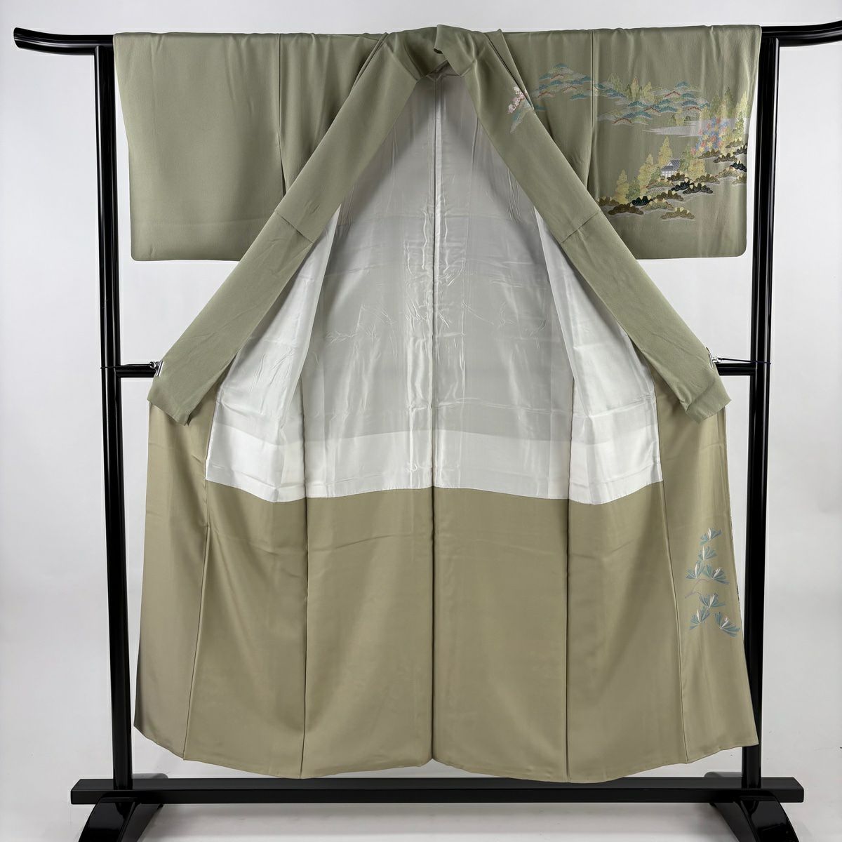 訪問服 身長153cm 袖長62.5cm S 雙層 松樹梅花 建物 漸層 灰綠 純蠶絲 優品級