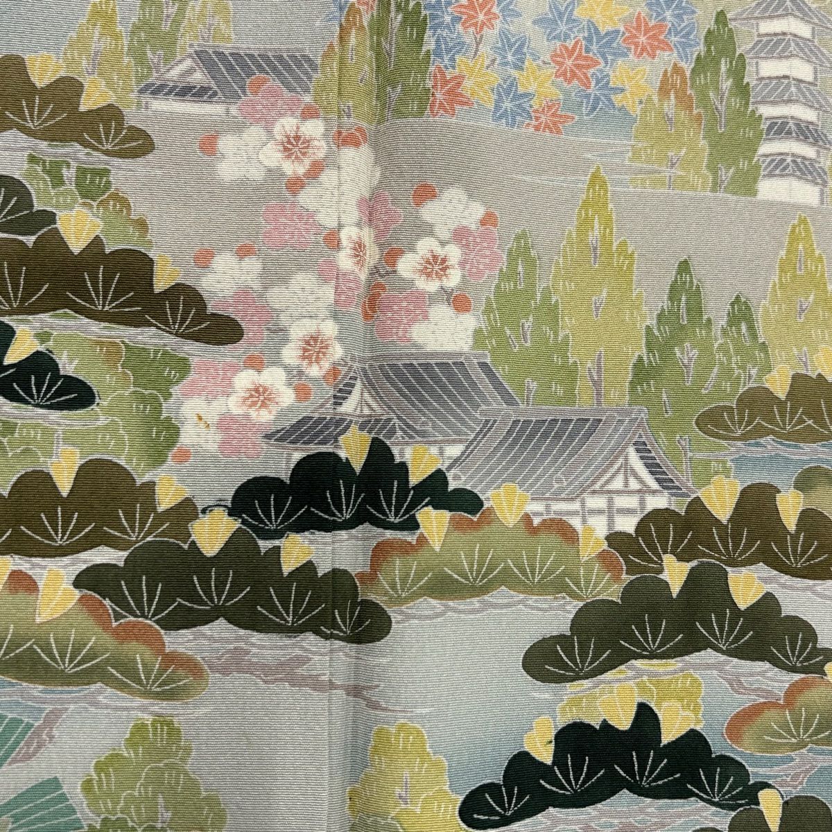 訪問服 身長153cm 袖長62.5cm S 雙層 松樹梅花 建物 漸層 灰綠 純蠶絲 優品級