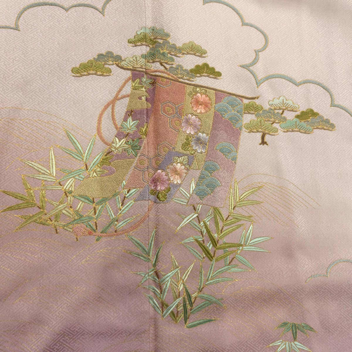 訪問服 身長157cm 袖長63.5cm S 雙層 幾帳 松樹竹子梅花 刺繡 金彩裝飾 淡粉色 純蠶絲 秀品級