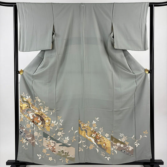 色留袖禮服 身長160.5cm 袖長63cm S 雙層 檜扇子 花鳥 金絲 金銀彩 灰綠 純蠶絲 秀品級 一つ紋