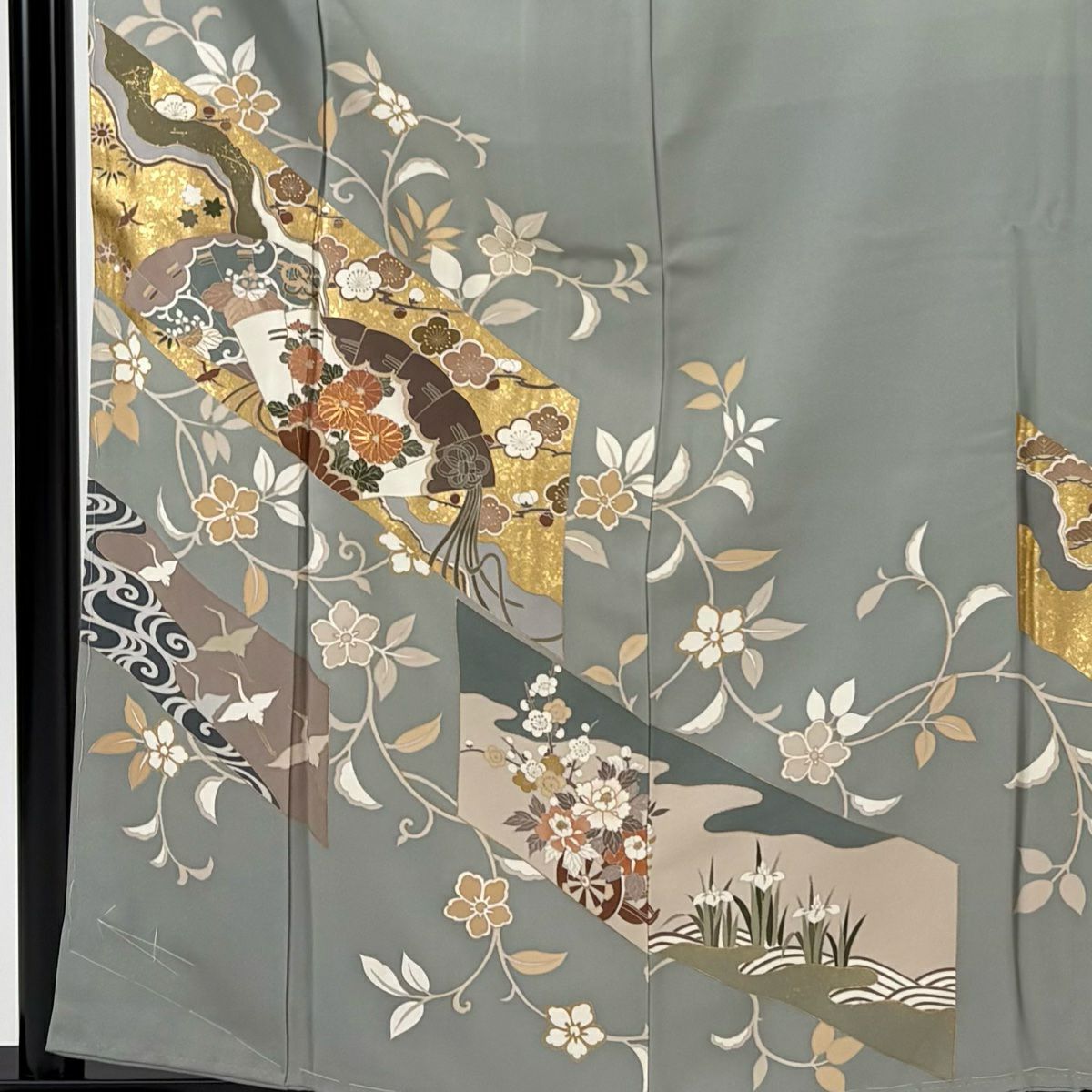 色留袖禮服 身長160.5cm 袖長63cm S 雙層 檜扇子 花鳥 金絲 金銀彩 灰綠 純蠶絲 秀品級 一つ紋